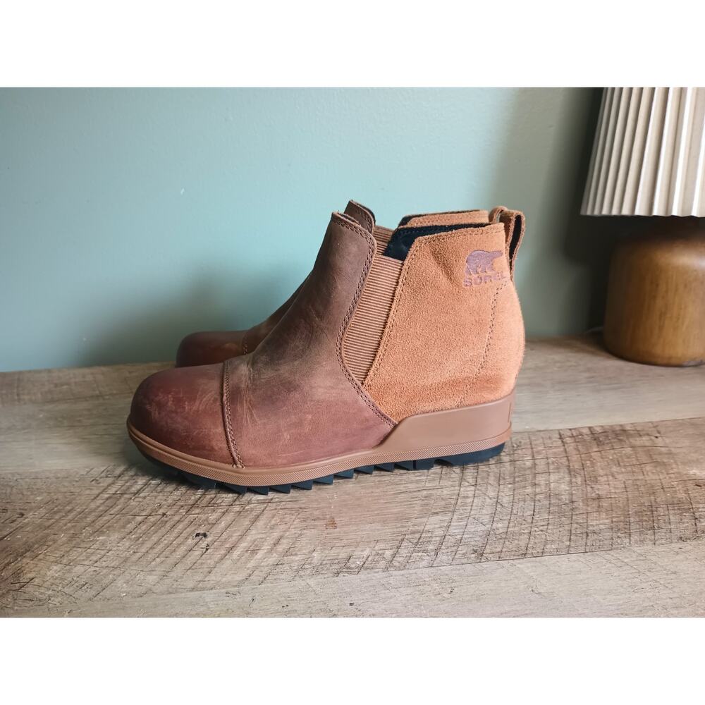 Sorel Evie Waterproof Leather And Suede Wedge Bootie Womens 6 Tan Rustic - Picture 6 of 13